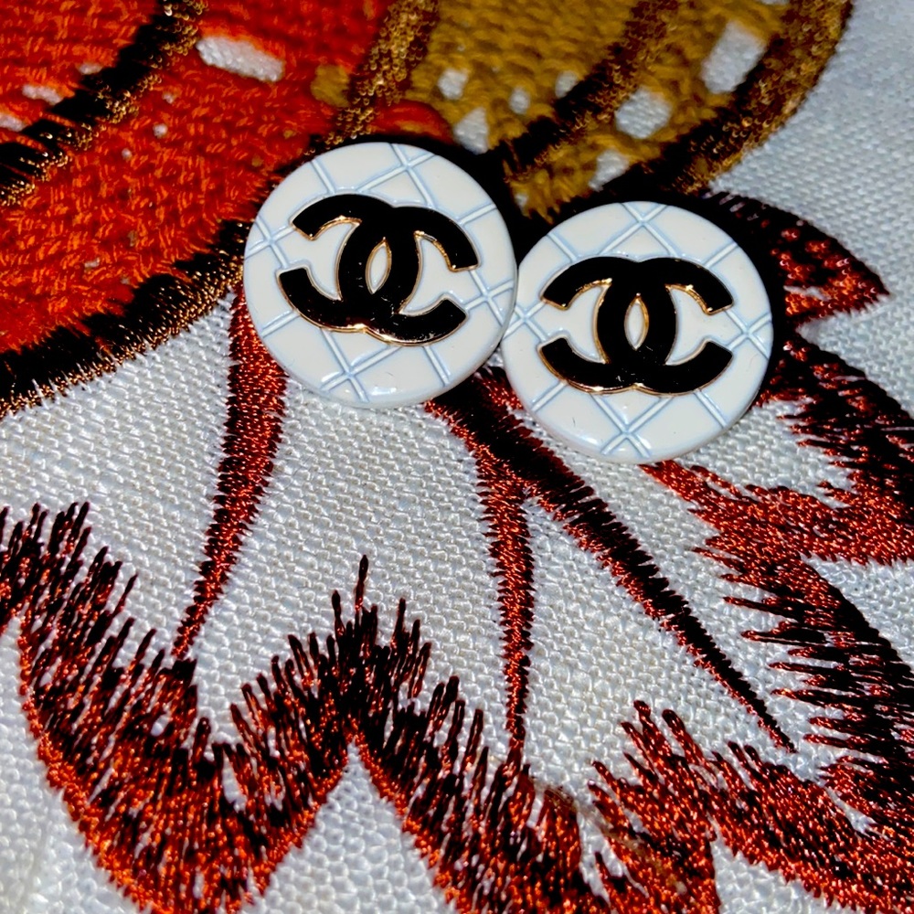 White Metal and CC Imprint Gold Fabric Buttons set of 2